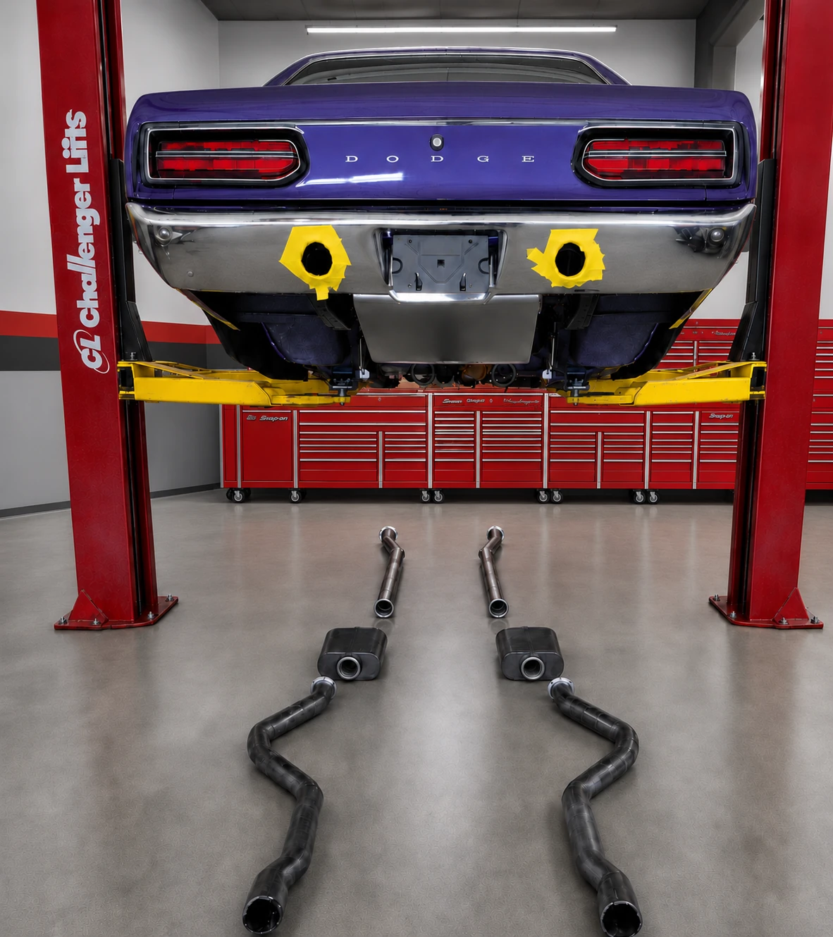 Rear view of Haraka on a lift with the exhaust layout shown below